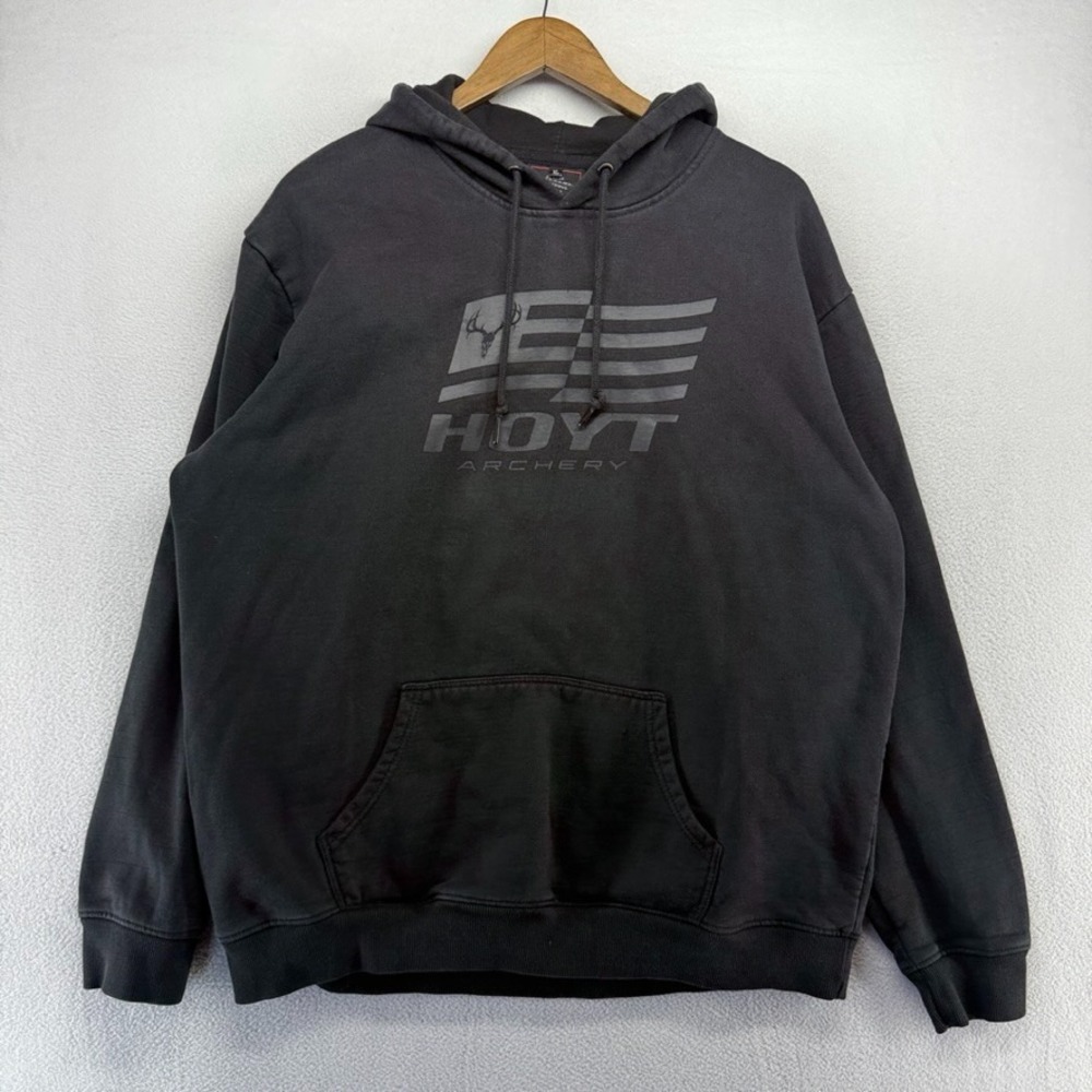 Hoyt Archery Hoodie Mens XL Black Pullover Graphic Flag Deer Spellout Sweatshirt